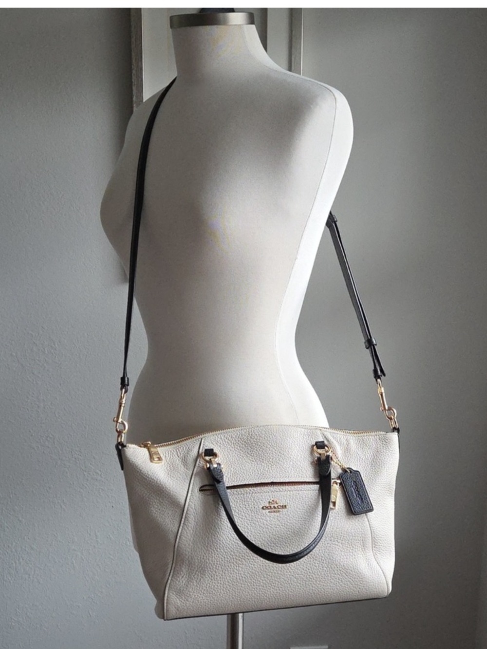 Coach Small Prairie Satchel Pebble Leather Chalk Black Bag Crossbody - Picture 3 of 15
